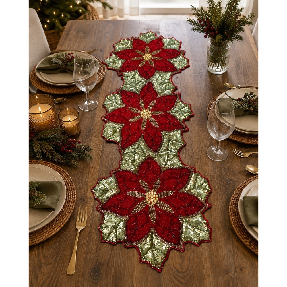 R.L.K Leila's Linens Beaded Table Runner Red Green Poinsettia Christmas 36x15